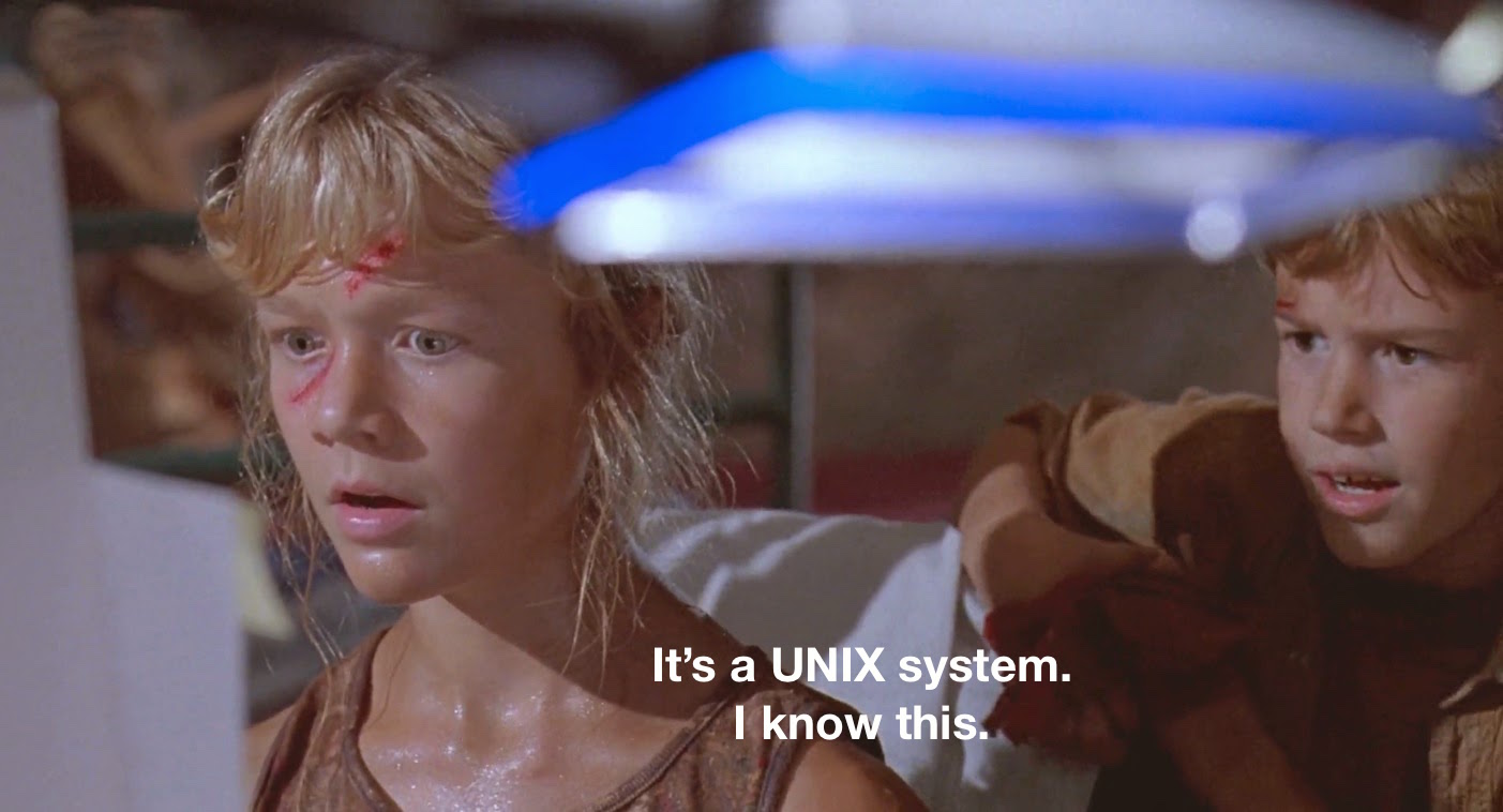Screen capture of Lex in Jurassic Park saying ‘it’s a unix system, I know this.’