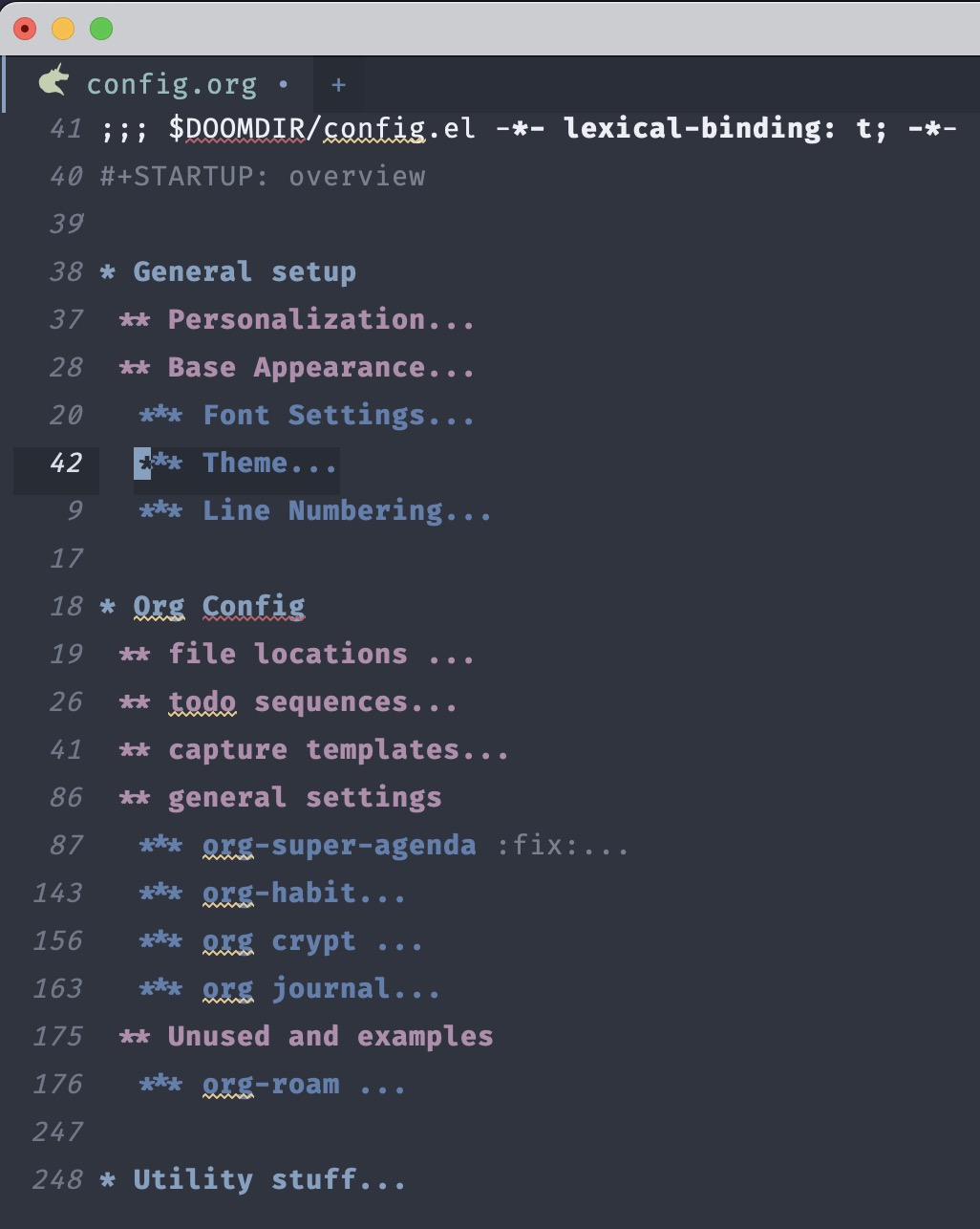 Screenshot of an org-based config file’s heading hierarchy