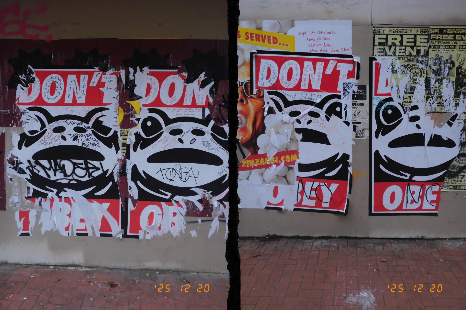 Two walls covered in overlapping street art posters featuring text and stylized frog illustrations.