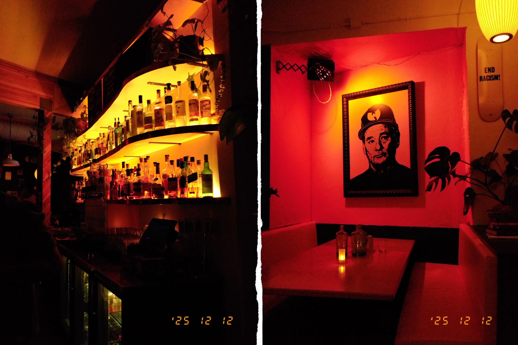 A dimly lit bar setting features a shelf of backlit bottles on the left and a cozy booth with a vibrant, red-hued portrait on the right.