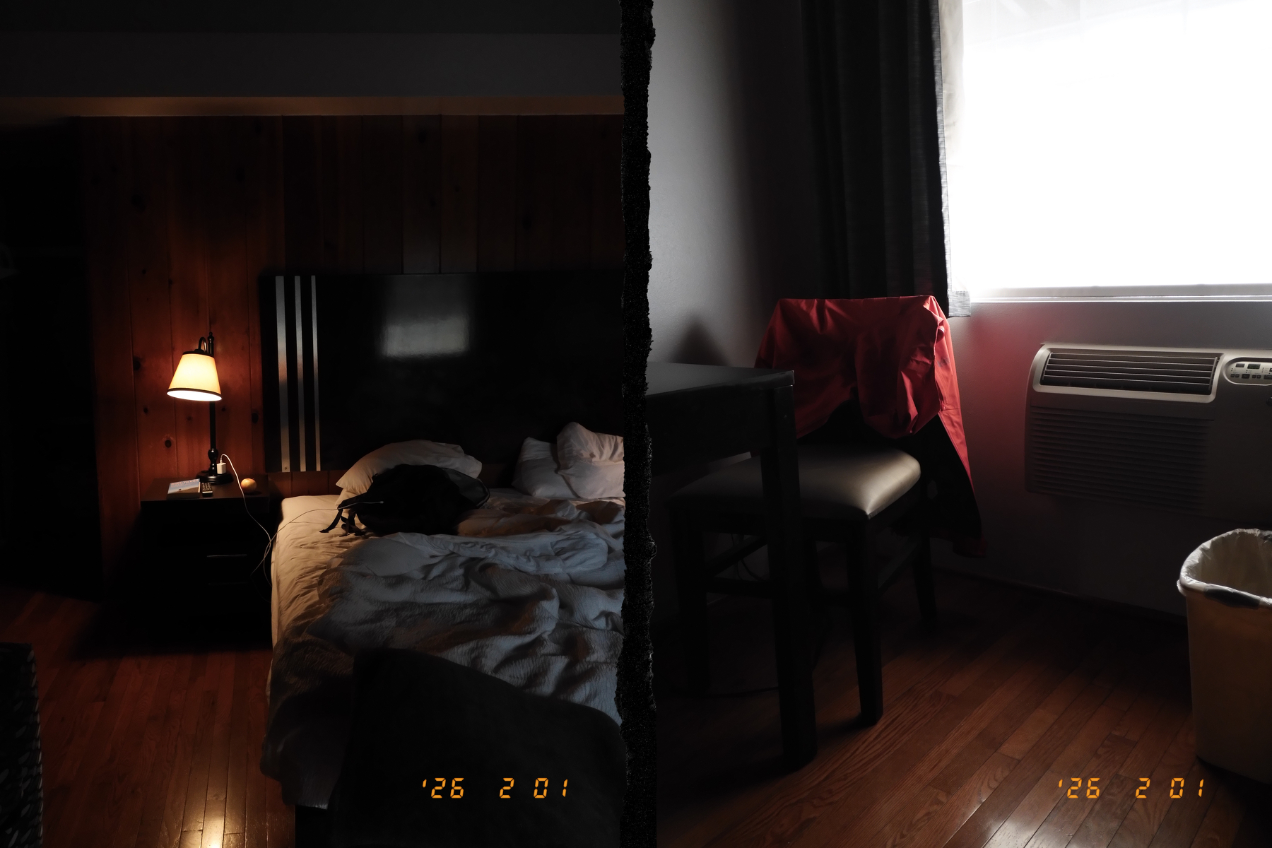 A dimly lit room is divided into two contrasting halves, with a bed and nightstand on one side and a window with a chair and air conditioner on the other.