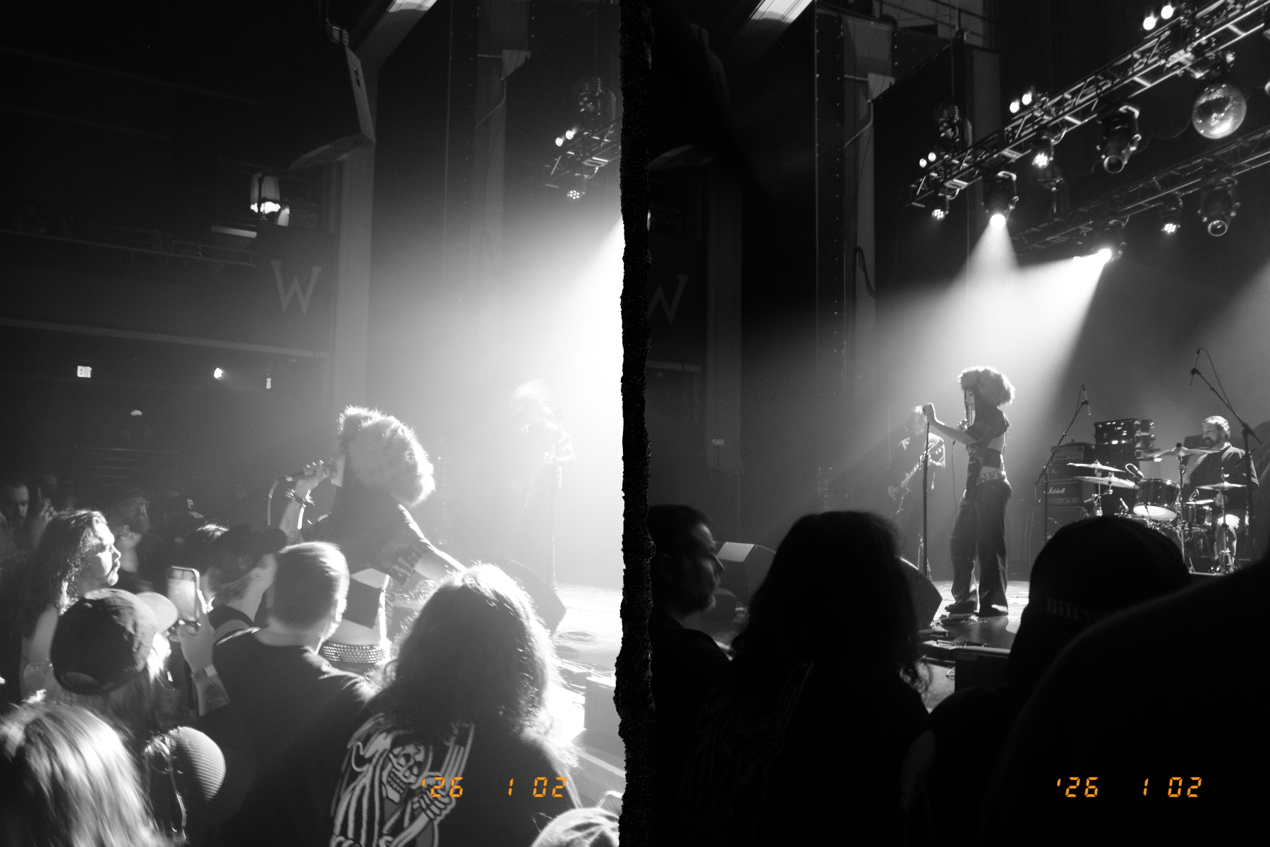 A black and white split-image captures a live music performance with singers engaging the audience under stage lights.